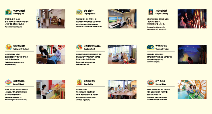 [두근두근 캠핑]캠핑을 떠나본 적 있나요? 언제 어디에서 누구와 함께 무엇을 할지 나만의 캠핑 계획을 세워보아요. [나의 캠핑가방]나의 캠핑 계획에 맞추어, 필요한 물건들이 무엇인지 생각하면서 캠핑가방을 꾸려보아요. [상상 캠핑마트]캠핑을 가면 어떤 음식을 먹고 싶나요? 내가 만드는 캠핑 요리를 상상하면서 필요한 식재료를 준비해요. [상상 캠핑카]먹고 자고 쉴 
수 있는 움직이는 집! 캠핑카를 타고 바깥 풍경을 감상해 보아요. [우리들의 베이스캠프]캠핑장에 도착하면 가장 먼저 안전한 땅에 잘 곳을 만들어야 해요. 텐트치는 방법을 알아보고, 직접 텐트를 쳐보아요. [요리조리 캠핑]나도 캠핑 요리사! 여러 가지 도구와 재료를 이용해 나만의 특별한 캠핑 요리를 만들어요. [도란도란 캠핑]타닥타닥 타오르는 모닥불을 보면서 가만히 여유를 즐기고, 도란도란 이야기를 나누어요. [반짝반짝 캠핑]캠핑장에 밤이 찾아 왔어요. 밤하늘에 쏟아지는 별들을 감상해보아요. [자연 속으로]캠핑장 주변에는 누가 살고 있을까요? 야생 동물과 식물들이 자연 속에서 살 수 있게 도와주어요.  